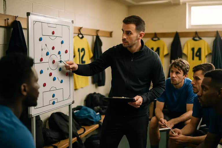 Coach instructing soccer players during a tactical drill on the training ground