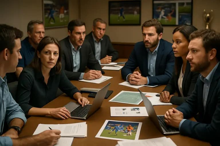 Soccer administrators reviewing documents near a training field