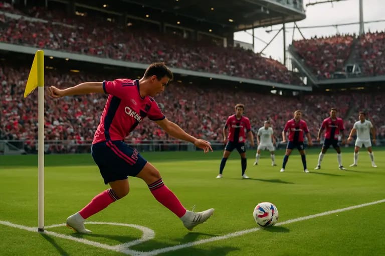 Players gathering in the penalty area before an attacking set piece