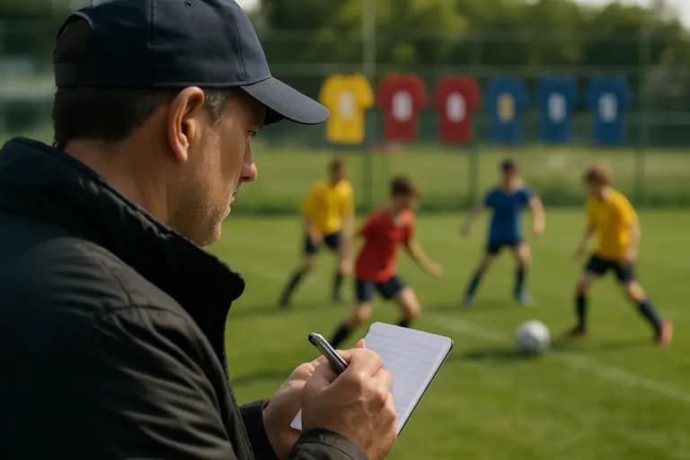 Young soccer players taking part in a training session with scouts nearby