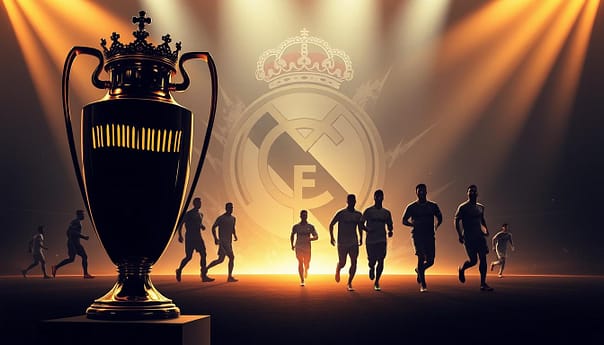 A captivating scene depicting the "Galacticos Era" of Real Madrid's Champions League dominance. In the foreground, a majestic trophy stands tall, its gleaming surface reflecting the spotlights that bathe the scene in a warm, golden glow. In the middle ground, the silhouettes of legendary players - Zidane, Ronaldo, Beckham, and more - stride purposefully towards the trophy, their movements frozen in time. The background is a swirling, abstract depiction of the iconic Champions League crest, its intricate design adding depth and drama to the composition. The overall atmosphere conveys the power, prestige, and unparalleled success of Real Madrid during this historic period in European football.
