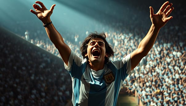 A dramatic, high-angle shot of Diego Maradona, the Argentine football icon, celebrating his iconic "Hand of God" goal during the 1986 World Cup quarter-final match against England. Maradona's arms are raised triumphantly, his eyes alight with exhilaration, as he stands amidst a sea of ecstatic Argentinian fans. The stadium's stands are a blur of vibrant blue and white jerseys, creating a sense of electric, passionate energy. Dramatic chiaroscuro lighting illuminates Maradona's face, casting dynamic shadows and highlights that accentuate his legendary, magnetic presence on the field. A masterful, cinematic composition that captures the sheer magnitude and drama of this historic moment in football history.