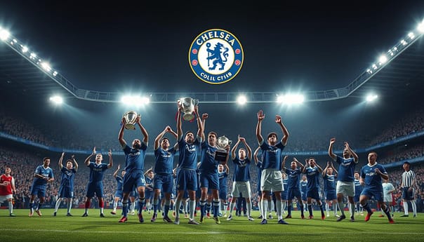 A dramatic stadium scene, floodlights beaming down on the pitch as Chelsea players celebrate iconic league and cup triumphs over the years. In the foreground, star strikers lift trophies high, surrounded by a roar of cheering fans. In the middle ground, historic match moments unfold - penalty kicks, headers, and last-minute winners. The background fades into blurred club crests and banners, a tapestry of Chelsea's storied legacy. Rendered in a cinematic, high-contrast style that captures the electrifying atmosphere of the club's greatest season-defining achievements. A dramatic stadium scene, floodlights beaming down on the pitch as Chelsea players celebrate iconic league and cup triumphs over the years. In the foreground, star strikers lift trophies high, surrounded by a roar of cheering fans. In the middle ground, historic match moments unfold - penalty kicks, headers, and last-minute winners. The background fades into blurred club crests and banners, a tapestry of Chelsea's storied legacy. Rendered in a cinematic, high-contrast style that captures the electrifying atmosphere of the club's greatest season-defining achievements.