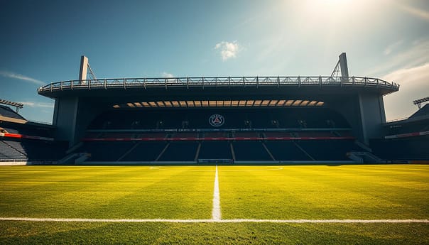 A grand, modern football stadium stands tall, its sleek design a testament to the Parc des Princes' evolution. Towering stands rise up, casting dramatic shadows across the pitch below. The iconic Parisian landmark is bathed in warm, golden light, creating a sense of grandeur and prestige. In the foreground, the pitch is meticulously maintained, its lush, verdant grass beckoning the world's best players to take the field. The stadium's facade is adorned with subtle, elegant details, reflecting the city's rich architectural heritage. The scene exudes a palpable atmosphere of anticipation, as if the stadium is ready to host another iconic match in the history of Paris Saint-Germain. A grand, modern football stadium stands tall, its sleek design a testament to the Parc des Princes' evolution. Towering stands rise up, casting dramatic shadows across the pitch below. The iconic Parisian landmark is bathed in warm, golden light, creating a sense of grandeur and prestige. In the foreground, the pitch is meticulously maintained, its lush, verdant grass beckoning the world's best players to take the field. The stadium's facade is adorned with subtle, elegant details, reflecting the city's rich architectural heritage. The scene exudes a palpable atmosphere of anticipation, as if the stadium is ready to host another iconic match in the history of Paris Saint-Germain.