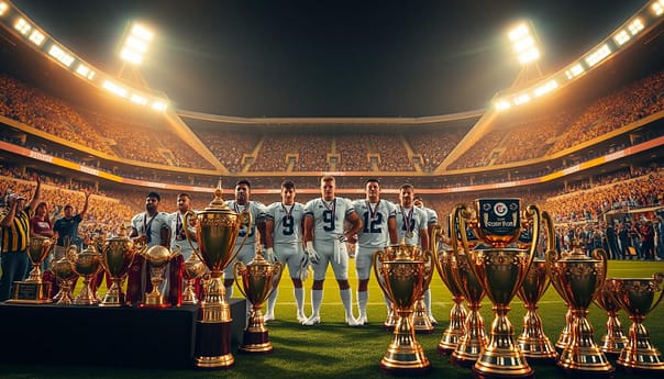 A grand stadium illuminated by warm, golden light, its stands filled with cheering fans. On the field, a group of football players stand proudly, their trophy-laden uniforms shimmering under the spotlight. In the foreground, a display of gleaming trophies, medals, and accolades, each one a testament to the players' exceptional skills and accomplishments. The scene exudes a sense of triumph and celebration, capturing the essence of the "Awards and Honors Breakdown" section of the article. A grand stadium illuminated by warm, golden light, its stands filled with cheering fans. On the field, a group of football players stand proudly, their trophy-laden uniforms shimmering under the spotlight. In the foreground, a display of gleaming trophies, medals, and accolades, each one a testament to the players' exceptional skills and accomplishments. The scene exudes a sense of triumph and celebration, capturing the essence of the "Awards and Honors Breakdown" section of the article.