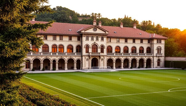 A grand, stately stone edifice stands proudly, its elegant architecture a testament to the storied history of La Masia, the renowned youth academy of FC Barcelona. Nestled amidst lush greenery, the building's terracotta roof tiles and ornate façade evoke a sense of timeless tradition. Inside, young footballers hone their skills on meticulously manicured pitches, their dreams of emulating the club's legendary players fueling their determination. Warm, golden light filters through the arched windows, casting a serene, contemplative atmosphere over the hallowed grounds. A sense of legacy and anticipation permeates the air, as this institution continues to shape the future of the beautiful game. A grand, stately stone edifice stands proudly, its elegant architecture a testament to the storied history of La Masia, the renowned youth academy of FC Barcelona. Nestled amidst lush greenery, the building's terracotta roof tiles and ornate façade evoke a sense of timeless tradition. Inside, young footballers hone their skills on meticulously manicured pitches, their dreams of emulating the club's legendary players fueling their determination. Warm, golden light filters through the arched windows, casting a serene, contemplative atmosphere over the hallowed grounds. A sense of legacy and anticipation permeates the air, as this institution continues to shape the future of the beautiful game.