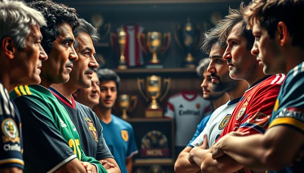 A heated debate unfolds between a group of football legends, each representing a different generation. In the foreground, icons like Pelé, Maradona, and Messi stand face-to-face, their expressions animated as they make their cases. The middle ground features a backdrop of trophies, jerseys, and memorabilia, hinting at the storied careers of these players. The lighting is dramatic, casting shadows that add depth and tension to the scene. The overall atmosphere is one of passionate discussion, as these titans of the sport argue over who deserves the title of the greatest of all time. A heated debate unfolds between a group of football legends, each representing a different generation. In the foreground, icons like Pelé, Maradona, and Messi stand face-to-face, their expressions animated as they make their cases. The middle ground features a backdrop of trophies, jerseys, and memorabilia, hinting at the storied careers of these players. The lighting is dramatic, casting shadows that add depth and tension to the scene. The overall atmosphere is one of passionate discussion, as these titans of the sport argue over who deserves the title of the greatest of all time.