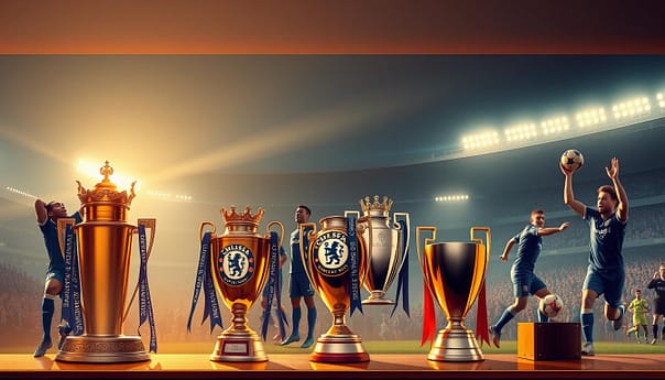 A high-contrast, panoramic illustration depicting the iconic milestones in Chelsea Football Club's storied history. In the foreground, a meticulously rendered trophy cabinet showcasing the team's gleaming Premier League, FA Cup, and UEFA Champions League trophies, bathed in warm, golden light. The middle ground features a series of dynamic action vignettes - a triumphant Didier Drogba raising the FA Cup, John Terry lifting the Champions League trophy, and Frank Lampard scoring a decisive goal. In the hazy background, the historic Stamford Bridge stadium stands tall, its floodlights casting a majestic glow over the entire scene. The overall composition evokes a sense of Chelsea's hard-earned success, grandeur, and unwavering legacy as one of England's most decorated and influential football clubs.