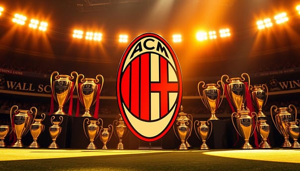 A majestic, panoramic shot of the AC Milan crest, illuminated by warm, golden light, taking center stage. In the background, a collage of the club's iconic European trophies - the Champions League cups, UEFA Super Cups, and Intercontinental Cups - arranged in a dynamic, layered composition, conveying the Rossoneri's unparalleled continental success. The scene is imbued with a sense of heritage, pride, and the determination that has propelled AC Milan to become one of the most decorated teams in European football history.