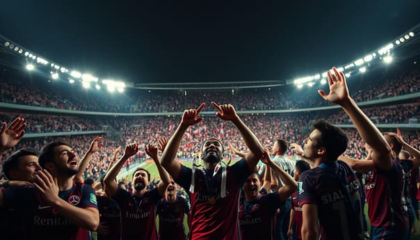 A triumphant scene of Paris Saint-Germain's Champions League victory, captured in a cinematic perspective. In the foreground, the players celebrate ecstatically, their faces lit by the glow of stadium lights. In the middle ground, the crowd erupts in a sea of cheers and waving banners, their enthusiasm palpable. The background is a blur of the iconic Parc des Princes stadium, its grand architecture and vibrant atmosphere creating a sense of grandeur and accomplishment. The lighting is dramatic, with sharp contrasts and deep shadows, emphasizing the gravity of the moment. The camera angle is slightly elevated, giving a bird's-eye view of the celebration, conveying the scale and magnitude of this historic milestone in PSG's journey.