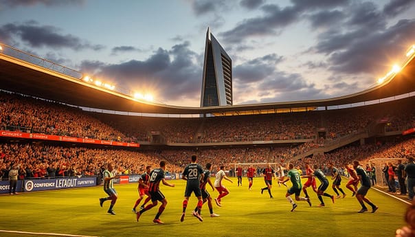 A bustling football stadium at twilight, the stands filled with enthusiastic fans cheering on their beloved underdog team. On the pitch, players in a mix of kits from different smaller clubs engage in a tense, fast-paced match, their determination and skill shining through. The floodlights cast a warm, golden glow across the scene, highlighting the team's unity and the electric atmosphere. In the background, a towering, modern stadium with sleek, angular architecture serves as a backdrop, symbolizing the conference league's growth and the opportunity for smaller clubs to shine on a larger stage. A bustling football stadium at twilight, the stands filled with enthusiastic fans cheering on their beloved underdog team. On the pitch, players in a mix of kits from different smaller clubs engage in a tense, fast-paced match, their determination and skill shining through. The floodlights cast a warm, golden glow across the scene, highlighting the team's unity and the electric atmosphere. In the background, a towering, modern stadium with sleek, angular architecture serves as a backdrop, symbolizing the conference league's growth and the opportunity for smaller clubs to shine on a larger stage.