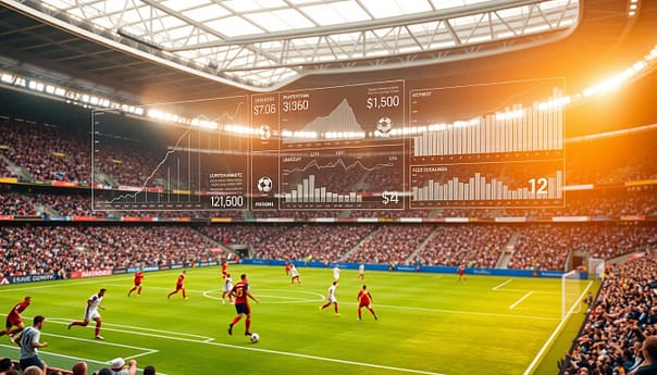 A bustling stadium filled with vibrant action on the field, surrounded by a sea of financial data and analytics. In the foreground, players engage in an intense match, their movements captured in a dynamic, wide-angle shot. In the middle ground, a series of holographic charts and graphs hover, visualizing the complex financial impact of the sport, from lucrative sponsorships to player transfer fees. The background is a blurred cityscape, hinting at the global reach and commercial significance of the football industry. The scene is illuminated by a warm, golden light, creating a sense of grandeur and importance. The overall mood is one of excitement, progress, and the profound financial influence of the beautiful game. A bustling stadium filled with vibrant action on the field, surrounded by a sea of financial data and analytics. In the foreground, players engage in an intense match, their movements captured in a dynamic, wide-angle shot. In the middle ground, a series of holographic charts and graphs hover, visualizing the complex financial impact of the sport, from lucrative sponsorships to player transfer fees. The background is a blurred cityscape, hinting at the global reach and commercial significance of the football industry. The scene is illuminated by a warm, golden light, creating a sense of grandeur and importance. The overall mood is one of excitement, progress, and the profound financial influence of the beautiful game.