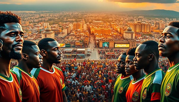 A captivating group portrait showcasing African football legends who have graced the Africa Cup of Nations (AFCON) tournament. In the foreground, iconic players stand proud, their expressions reflecting the pride and passion they have brought to the game. The middle ground features a vibrant crowd of adoring fans, their faces filled with excitement and reverence. In the background, a stunning panoramic view of a bustling African city, its vibrant colors and lively energy mirroring the spirit of the AFCON competition. Warm, golden lighting illuminates the scene, creating a sense of timelessness and celebrating the enduring legacy of these national team heroes and their profound social impact across the continent. A captivating group portrait showcasing African football legends who have graced the Africa Cup of Nations (AFCON) tournament. In the foreground, iconic players stand proud, their expressions reflecting the pride and passion they have brought to the game. The middle ground features a vibrant crowd of adoring fans, their faces filled with excitement and reverence. In the background, a stunning panoramic view of a bustling African city, its vibrant colors and lively energy mirroring the spirit of the AFCON competition. Warm, golden lighting illuminates the scene, creating a sense of timelessness and celebrating the enduring legacy of these national team heroes and their profound social impact across the continent.