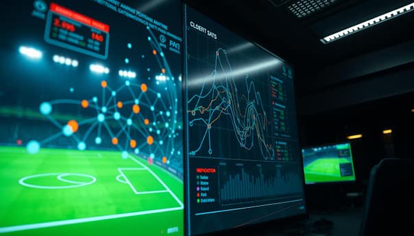 A close-up view of a football player's stats algorithm displayed on a large digital screen. The screen is situated in a dimly lit, modern control room with sleek, high-tech equipment and monitors. The algorithm is depicted as a complex network of data points, lines, and charts, visualizing the key performance metrics and player data that contribute to the calculation of a player's market value. The scene conveys a sense of precision, analysis, and the sophisticated systems behind the evaluation of football talent and transfer fees. The lighting is dramatic, casting shadows and highlights to emphasize the technical nature of the process. The camera angle is slightly low, giving the viewer a sense of the scale and importance of the algorithm.