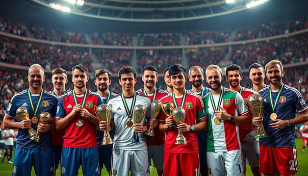 A crowded stadium backdrop with spectators in the stands, illuminated by warm stadium lighting. In the foreground, a group of elite football players from various nations, standing proud in their national team uniforms, each holding a diverse array of trophies, medals, and accolades. The players' expressions convey a sense of accomplishment, as they showcase their impressive club and international achievements. The scene captures the dual nature of their success, highlighting the interplay between their club and country honors. A crowded stadium backdrop with spectators in the stands, illuminated by warm stadium lighting. In the foreground, a group of elite football players from various nations, standing proud in their national team uniforms, each holding a diverse array of trophies, medals, and accolades. The players' expressions convey a sense of accomplishment, as they showcase their impressive club and international achievements. The scene captures the dual nature of their success, highlighting the interplay between their club and country honors.