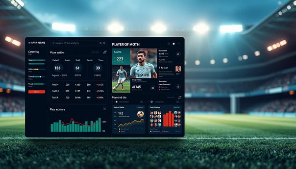 A data-rich visualization showcasing football player stats analysis. In the foreground, a sleek, minimalist dashboard displays key performance metrics such as goals, assists, shots on target, and pass accuracy. The middle ground features a detailed player profile, complete with action shots and infographics highlighting their season-to-date achievements. In the background, a blurred stadium scene sets the stage, with floodlights casting a warm, focused glow over the entire composition. The overall mood is one of analytical rigor and data-driven insights, reflecting the significance and trends behind the "Player of the Month" accolade. A data-rich visualization showcasing football player stats analysis. In the foreground, a sleek, minimalist dashboard displays key performance metrics such as goals, assists, shots on target, and pass accuracy. The middle ground features a detailed player profile, complete with action shots and infographics highlighting their season-to-date achievements. In the background, a blurred stadium scene sets the stage, with floodlights casting a warm, focused glow over the entire composition. The overall mood is one of analytical rigor and data-driven insights, reflecting the significance and trends behind the "Player of the Month" accolade.