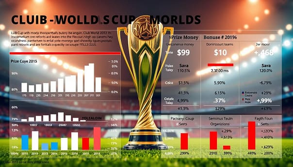 A detailed financial analysis of the Club World Cup's monetary rewards, showcased in a stylish infographic. The foreground features a crisp, clean data visualization with sleek charts and graphs depicting prize money, bonuses, and revenue distribution across participating teams and organizations. The middle ground showcases the iconic trophy, shot from a low angle to emphasize its grandeur and prestige. The background is a softly blurred stadium scene, evoking the global scale and spectacle of the tournament. Lighting is warm and professional, with a touch of drama achieved through strategic shadows and highlights. The overall mood is one of authority, precision, and the high stakes involved in this elite international football competition. A detailed financial analysis of the Club World Cup's monetary rewards, showcased in a stylish infographic. The foreground features a crisp, clean data visualization with sleek charts and graphs depicting prize money, bonuses, and revenue distribution across participating teams and organizations. The middle ground showcases the iconic trophy, shot from a low angle to emphasize its grandeur and prestige. The background is a softly blurred stadium scene, evoking the global scale and spectacle of the tournament. Lighting is warm and professional, with a touch of drama achieved through strategic shadows and highlights. The overall mood is one of authority, precision, and the high stakes involved in this elite international football competition.