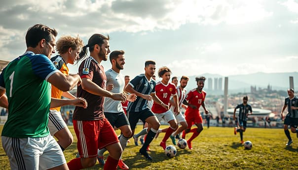 A diverse ensemble of renowned international football stars, captured in a dynamic and captivating composition. In the foreground, a group of players from different continents engage in a friendly match, their movements frozen in time, showcasing their exceptional skills and athleticism. The middle ground features a panoramic backdrop of iconic stadiums and landscapes, representing the global reach of the sport. Soft, warm lighting bathes the scene, creating a sense of warmth and camaraderie, while a wide-angle lens captures the grand scale of the event. The overall atmosphere exudes a celebratory and inspirational vibe, capturing the essence of the world's most beloved sport and its diverse, talented players. A diverse ensemble of renowned international football stars, captured in a dynamic and captivating composition. In the foreground, a group of players from different continents engage in a friendly match, their movements frozen in time, showcasing their exceptional skills and athleticism. The middle ground features a panoramic backdrop of iconic stadiums and landscapes, representing the global reach of the sport. Soft, warm lighting bathes the scene, creating a sense of warmth and camaraderie, while a wide-angle lens captures the grand scale of the event. The overall atmosphere exudes a celebratory and inspirational vibe, capturing the essence of the world's most beloved sport and its diverse, talented players.
