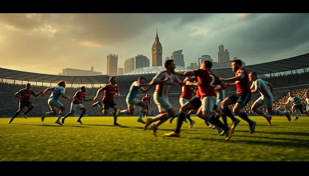 A dramatic, cinematic scene of legendary Premier League derbies unfolding on a lush, verdant pitch. In the foreground, fierce rivals collide in a blur of motion, their faces etched with determination. The middle ground features a packed stadium, the roaring crowd creating an electric atmosphere. In the background, the iconic skyline of a major English city rises, bathed in warm, golden light. The scene conveys the intense passion, high stakes, and rich history of these storied matchups that have captivated fans for generations. A dramatic, cinematic scene of legendary Premier League derbies unfolding on a lush, verdant pitch. In the foreground, fierce rivals collide in a blur of motion, their faces etched with determination. The middle ground features a packed stadium, the roaring crowd creating an electric atmosphere. In the background, the iconic skyline of a major English city rises, bathed in warm, golden light. The scene conveys the intense passion, high stakes, and rich history of these storied matchups that have captivated fans for generations.