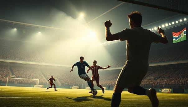 A dramatic, high-energy scene of iconic World Cup moments unfolding in a cinematic style. In the foreground, a player dramatically scores a decisive goal, their silhouetted figure striking a powerful pose against a backdrop of cheering fans. In the middle ground, two players battle for possession, their faces etched with determination. In the background, a stadium packed with spectators erupts in a frenzy, the stands ablaze with national colors and flags. Dramatic low-angle lighting casts dynamic shadows, heightening the sense of intensity and drama. The overall mood is one of unbridled passion, triumph, and the electrifying spirit of the beautiful game on the world's grandest stage.