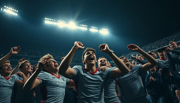 A dramatic scene unfolds in a dimly lit conference league stadium. In the foreground, a group of players from a small underdog team celebrate wildly, their faces filled with disbelief and joy. The middle ground captures the stunned reactions of the opposing team's supporters, their expressions ranging from shock to dejection. In the background, the vast, shadowy expanse of the stadium is punctuated by the flickering of camera flashes, capturing the unexpected triumph of the underdogs. The lighting is dramatic, casting deep shadows and highlights that accentuate the emotional intensity of the moment. The camera angle is low, putting the viewer right in the thick of the action, as if they are part of the spectacle unfolding before them. A dramatic scene unfolds in a dimly lit conference league stadium. In the foreground, a group of players from a small underdog team celebrate wildly, their faces filled with disbelief and joy. The middle ground captures the stunned reactions of the opposing team's supporters, their expressions ranging from shock to dejection. In the background, the vast, shadowy expanse of the stadium is punctuated by the flickering of camera flashes, capturing the unexpected triumph of the underdogs. The lighting is dramatic, casting deep shadows and highlights that accentuate the emotional intensity of the moment. The camera angle is low, putting the viewer right in the thick of the action, as if they are part of the spectacle unfolding before them.