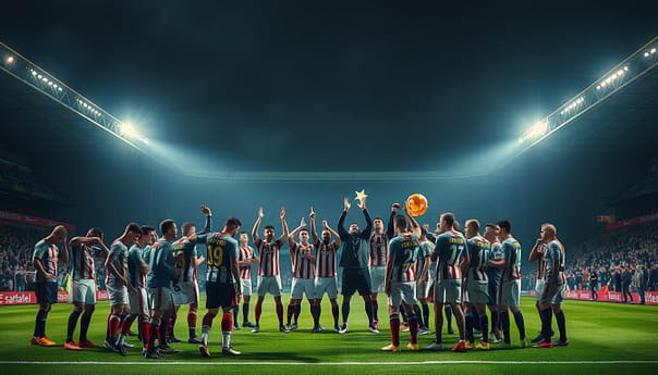 A dramatic sports stadium scene, floodlights casting a warm glow over the pitch. In the foreground, a group of dejected players in one team's uniform, heads bowed in defeat after a crushing relegation. In the middle ground, the opposing team celebrates wildly, ecstatic at their unexpected promotion. The background shows the empty stands, the tension and emotion of the moment palpable. The image conveys the thrill of a club's transformation, rising from the depths of relegation to reclaim their place in the higher league, a testament to perseverance and the unpredictable nature of sports. A dramatic sports stadium scene, floodlights casting a warm glow over the pitch. In the foreground, a group of dejected players in one team's uniform, heads bowed in defeat after a crushing relegation. In the middle ground, the opposing team celebrates wildly, ecstatic at their unexpected promotion. The background shows the empty stands, the tension and emotion of the moment palpable. The image conveys the thrill of a club's transformation, rising from the depths of relegation to reclaim their place in the higher league, a testament to perseverance and the unpredictable nature of sports.