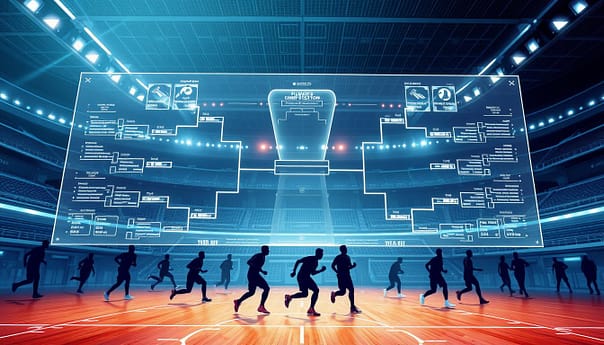 A dynamic and futuristic illustration showcasing innovative playoff systems for a professional sports league. In the foreground, a holographic display depicts various bracket configurations and matchup visualizations, conveying the data-driven nature of modern competition formats. The middle ground features silhouetted athletes in motion, evoking the intense energy and drama of playoff battles. In the background, a sleek, minimalist stadium design with clean lines and vibrant lighting creates a sense of technological advancement and forward-thinking. The overall mood is one of excitement, innovation, and the evolution of sports competition. A dynamic and futuristic illustration showcasing innovative playoff systems for a professional sports league. In the foreground, a holographic display depicts various bracket configurations and matchup visualizations, conveying the data-driven nature of modern competition formats. The middle ground features silhouetted athletes in motion, evoking the intense energy and drama of playoff battles. In the background, a sleek, minimalist stadium design with clean lines and vibrant lighting creates a sense of technological advancement and forward-thinking. The overall mood is one of excitement, innovation, and the evolution of sports competition.