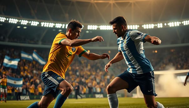 A fierce football rivalry between two soccer powerhouses, Brazil and Argentina, erupts on a dimly lit stadium. In the foreground, two players, decked in their national team's iconic jerseys, engage in an intense physical battle, their expressions etched with determination and national pride. The middle ground captures the electric atmosphere, with fans from both sides waving flags and banners, their faces a mix of elation and anguish. The background reveals the iconic architecture of the stadium, bathed in a warm, golden light that adds a sense of grandeur and historical significance to the scene. The overall mood is one of high-stakes competition, national fervor, and the timeless allure of the beautiful game. A fierce football rivalry between two soccer powerhouses, Brazil and Argentina, erupts on a dimly lit stadium. In the foreground, two players, decked in their national team's iconic jerseys, engage in an intense physical battle, their expressions etched with determination and national pride. The middle ground captures the electric atmosphere, with fans from both sides waving flags and banners, their faces a mix of elation and anguish. The background reveals the iconic architecture of the stadium, bathed in a warm, golden light that adds a sense of grandeur and historical significance to the scene. The overall mood is one of high-stakes competition, national fervor, and the timeless allure of the beautiful game.