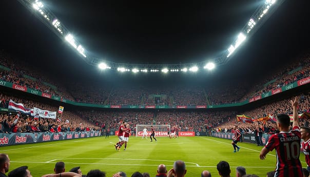 A fiercely contested football match unfolds on a lush, green pitch. Two teams, clad in their iconic colors, engage in a hard-fought battle for local supremacy. The Milan derby, a clash of the titans, captures the electric atmosphere of Europe's biggest rivalries. Fans in the packed stadium wave banners and scarves, their roars echoing through the air. Floodlights cast a dramatic glow, illuminating the players' determination as they compete for every inch of the field. Tension and passion permeate the scene, reflecting the deep-rooted history and unwavering loyalty that define this legendary derby. A fiercely contested football match unfolds on a lush, green pitch. Two teams, clad in their iconic colors, engage in a hard-fought battle for local supremacy. The Milan derby, a clash of the titans, captures the electric atmosphere of Europe's biggest rivalries. Fans in the packed stadium wave banners and scarves, their roars echoing through the air. Floodlights cast a dramatic glow, illuminating the players' determination as they compete for every inch of the field. Tension and passion permeate the scene, reflecting the deep-rooted history and unwavering loyalty that define this legendary derby.