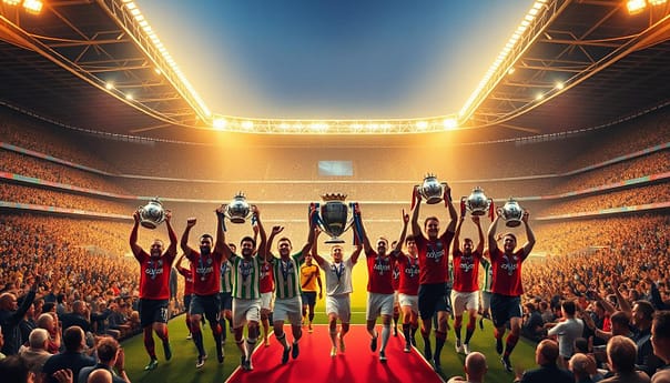A grand stadium bathed in golden light, its grand stands filled with cheering fans. In the center, a procession of iconic Premier League trophy winners from throughout history, each donning their club's iconic colors and crest. The players stride proudly, holding aloft their hard-won prizes, a testament to the passion and skill that have defined this storied league. In the background, a montage of historic moments and legendary players, a visual tapestry of the Premier League's rich and celebrated past. The scene is imbued with a sense of reverence and triumph, capturing the essence of this proud institution's remarkable journey.