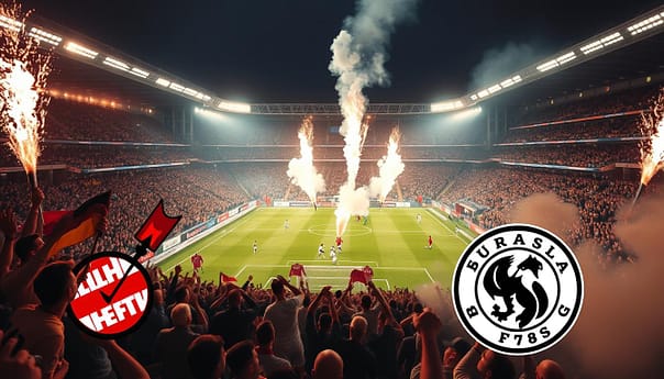 A grand stadium with towering stands, floodlights casting a warm glow. On the pitch, two legendary teams face off in an intense derby, their players locked in a fierce battle for supremacy. The crowd roars, flags and scarves waving with unbridled passion. Smoke from pyrotechnics drifts across the scene, adding to the electric atmosphere. In the foreground, iconic club crests and jerseys represent the history and rivalries of these storied institutions. The image conveys the drama, rivalry, and unwavering dedication of the Bundesliga's most legendary derbies. A grand stadium with towering stands, floodlights casting a warm glow. On the pitch, two legendary teams face off in an intense derby, their players locked in a fierce battle for supremacy. The crowd roars, flags and scarves waving with unbridled passion. Smoke from pyrotechnics drifts across the scene, adding to the electric atmosphere. In the foreground, iconic club crests and jerseys represent the history and rivalries of these storied institutions. The image conveys the drama, rivalry, and unwavering dedication of the Bundesliga's most legendary derbies.