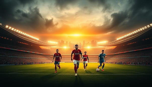 A grand, sweeping vista of the iconic stadiums of Spain's top football clubs, the eternal contenders of La Liga. In the foreground, the floodlit cathedrals of the game stand tall, their iconic facades bathed in warm, golden light. In the middle ground, the legendary players of these clubs stride purposefully, their movements captured in dynamic, cinematic poses. In the background, a swirling, impressionistic skyline of city silhouettes, hinting at the rich history and passionate fanbases that have fueled the rivalries and success of these modern powerhouses of Spanish football. Dramatic, high-contrast lighting creates a sense of grandeur and timelessness, befitting the storied legacies of these revered institutions.