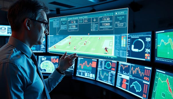 A high-tech control room with banks of glowing displays showcasing advanced football analytics. In the foreground, a analyst in a crisp shirt and tie examines a holographic 3D rendering of a football field, with animated player movements and detailed statistical overlays. The middle ground features a wall of screens displaying real-time game data, heat maps, and complex visualizations. The background is bathed in a soft blue glow, creating a sophisticated, data-driven ambiance. The lighting is dramatic, with sharp shadows and highlights emphasizing the technological prowess on display. The camera angle is slightly elevated, lending an authoritative perspective to the scene.