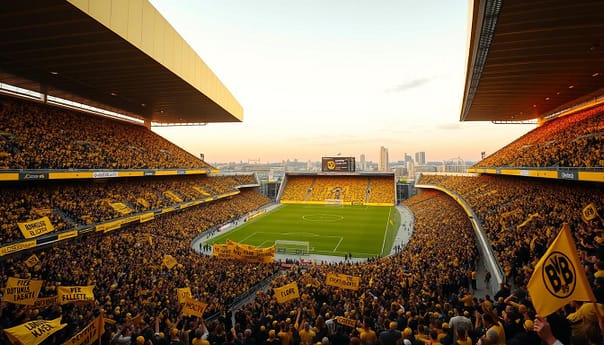A lively, packed football stadium with a towering, vibrant yellow grandstand known as the "Yellow Wall." Thousands of enthusiastic Borussia Dortmund fans, clad in the team's iconic black and yellow colors, chant and wave banners, creating an electric atmosphere. The scene is illuminated by warm, golden stadium lighting, casting a soft glow over the passionate supporters. In the foreground, the focus is on the expansive, uniform wall of fans, their energy and unity palpable. The middle ground features the stadium's architecture, with sleek, modern lines and clean design. The background showcases the city skyline, hinting at the club's connection to the local community. An image that captures the unparalleled spirit and dedication of Dortmund's fervent fanbase. A lively, packed football stadium with a towering, vibrant yellow grandstand known as the "Yellow Wall." Thousands of enthusiastic Borussia Dortmund fans, clad in the team's iconic black and yellow colors, chant and wave banners, creating an electric atmosphere. The scene is illuminated by warm, golden stadium lighting, casting a soft glow over the passionate supporters. In the foreground, the focus is on the expansive, uniform wall of fans, their energy and unity palpable. The middle ground features the stadium's architecture, with sleek, modern lines and clean design. The background showcases the city skyline, hinting at the club's connection to the local community. An image that captures the unparalleled spirit and dedication of Dortmund's fervent fanbase.