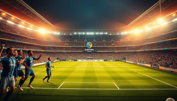 A majestic stadium bathed in warm lighting, the pitch shimmering with championship glory. In the foreground, players of a lesser-known Europa League club celebrate their triumph, their faces etched with determination and pride. The middle ground reveals a tactical board, its intricate formations and strategies hinting at the meticulous planning that led to this moment. In the background, trophies and banners adorn the stadium, a testament to the club's hard-earned success, defying the odds and becoming a true European contender. The atmosphere is electric, capturing the spirit of underdogs who have risen to the top, their triumph a testament to the power of strategic brilliance and unwavering commitment. A majestic stadium bathed in warm lighting, the pitch shimmering with championship glory. In the foreground, players of a lesser-known Europa League club celebrate their triumph, their faces etched with determination and pride. The middle ground reveals a tactical board, its intricate formations and strategies hinting at the meticulous planning that led to this moment. In the background, trophies and banners adorn the stadium, a testament to the club's hard-earned success, defying the odds and becoming a true European contender. The atmosphere is electric, capturing the spirit of underdogs who have risen to the top, their triumph a testament to the power of strategic brilliance and unwavering commitment.