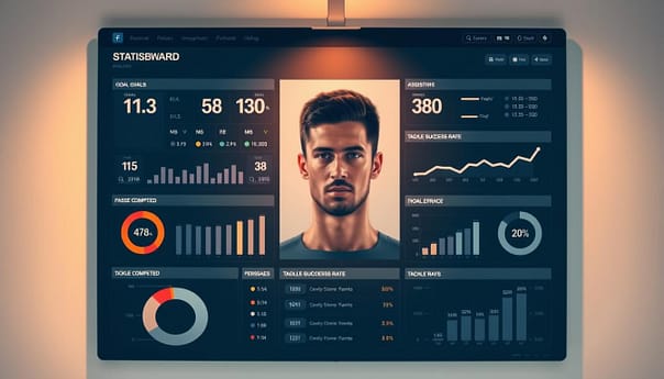 A meticulously composed image of a football player's statistical analysis dashboard, featuring a clean and minimalist design. The dashboard displays various performance metrics such as goals, assists, passes completed, tackle success rate, and other key data points. The player's portrait is showcased in the center, surrounded by neatly arranged infographic elements in a sophisticated color palette of blues, grays, and whites. The overall scene is illuminated by warm, directional lighting, creating depth and emphasizing the analytical nature of the content. The background is slightly blurred, maintaining the focus on the detailed statistical visualization. A meticulously composed image of a football player's statistical analysis dashboard, featuring a clean and minimalist design. The dashboard displays various performance metrics such as goals, assists, passes completed, tackle success rate, and other key data points. The player's portrait is showcased in the center, surrounded by neatly arranged infographic elements in a sophisticated color palette of blues, grays, and whites. The overall scene is illuminated by warm, directional lighting, creating depth and emphasizing the analytical nature of the content. The background is slightly blurred, maintaining the focus on the detailed statistical visualization.