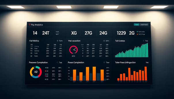 A modern, data-driven visualization of football analytics metrics, showcasing key performance indicators in a sleek, minimalist style. A clean, minimalist interface displays xG, xA, and pass completion data in a grid layout, using bold typography, vibrant color schemes, and elegant data visualizations. The scene is bathed in soft, directional lighting, creating depth and highlighting the clean lines and angular design elements. The overall mood is one of sophistication, precision, and technological prowess, reflecting the advanced analytical tools used by today's top football clubs. A modern, data-driven visualization of football analytics metrics, showcasing key performance indicators in a sleek, minimalist style. A clean, minimalist interface displays xG, xA, and pass completion data in a grid layout, using bold typography, vibrant color schemes, and elegant data visualizations. The scene is bathed in soft, directional lighting, creating depth and highlighting the clean lines and angular design elements. The overall mood is one of sophistication, precision, and technological prowess, reflecting the advanced analytical tools used by today's top football clubs.