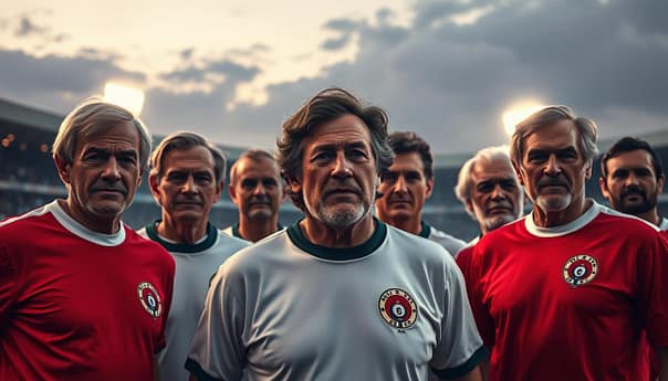 A serene stadium at dusk, floodlights casting a warm glow on the pitch. In the foreground, a group of legendary national team players, their faces etched with experience and determination, standing together with a shared sense of camaraderie. In the middle ground, their jerseys displaying the proud crests of their nations, a testament to their longevity and dedication. The background fades into a hazy, nostalgic atmosphere, hinting at the countless matches and triumphs these players have witnessed over the years. The scene evokes a timeless quality, capturing the essence of international football's enduring legends. A serene stadium at dusk, floodlights casting a warm glow on the pitch. In the foreground, a group of legendary national team players, their faces etched with experience and determination, standing together with a shared sense of camaraderie. In the middle ground, their jerseys displaying the proud crests of their nations, a testament to their longevity and dedication. The background fades into a hazy, nostalgic atmosphere, hinting at the countless matches and triumphs these players have witnessed over the years. The scene evokes a timeless quality, capturing the essence of international football's enduring legends.