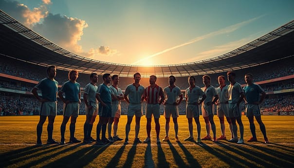 A serene stadium at twilight, the setting sun casting a warm glow over the field. In the center, a group of legendary national team players from different eras stand united, their iconic moments immortalized in a timeless tableau. Shadows dance across their faces, conveying a sense of quiet reflection and the weight of their legacies. In the background, the stands are empty, but the energy of past triumphs lingers, a testament to the players who have defined the spirit of international football competitions. The scene is captured with a cinematic, wide-angle lens, emphasizing the grand scale of their achievements and the lasting impact they have left on the sport. A serene stadium at twilight, the setting sun casting a warm glow over the field. In the center, a group of legendary national team players from different eras stand united, their iconic moments immortalized in a timeless tableau. Shadows dance across their faces, conveying a sense of quiet reflection and the weight of their legacies. In the background, the stands are empty, but the energy of past triumphs lingers, a testament to the players who have defined the spirit of international football competitions. The scene is captured with a cinematic, wide-angle lens, emphasizing the grand scale of their achievements and the lasting impact they have left on the sport.