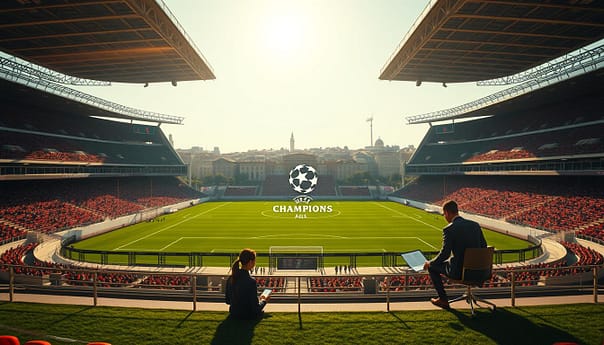 A serene, sunlit stadium with a dynamic, evolving Champions League format displayed prominently in the foreground. The midground features a team of analysts poring over statistical data, visualizing the changing tournament structure. In the background, a cityscape with iconic European architecture sets the stage for the historic event. Crisp, high-resolution rendering with a cinematic, documentary-style aesthetic, showcasing the thoughtful progression of the legendary competition. A serene, sunlit stadium with a dynamic, evolving Champions League format displayed prominently in the foreground. The midground features a team of analysts poring over statistical data, visualizing the changing tournament structure. In the background, a cityscape with iconic European architecture sets the stage for the historic event. Crisp, high-resolution rendering with a cinematic, documentary-style aesthetic, showcasing the thoughtful progression of the legendary competition.
