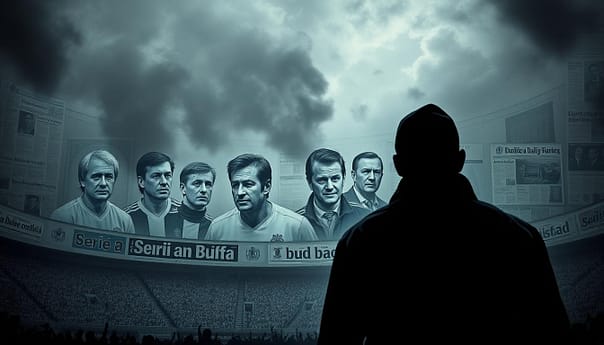 A somber and moody scene of Serie A's tumultuous "Scandal Years" in the 1980s and 1990s. In the foreground, a shadowy figure representing the match-fixing scandals that rocked the league, casting a dark cloud over the once-proud Italian game. In the middle ground, faded images of iconic Serie A players and managers from that era, their legacies tarnished by the controversies. The background is a collage of newspaper headlines, courtroom sketches, and stadium scenes, reflecting the chaotic atmosphere as the league struggled to regain its former glory. The lighting is dramatic, with deep shadows and muted colors, conveying the sense of a league in crisis. The overall impression is one of a proud footballing tradition forced to confront its demons, setting the stage for its eventual rebirth. A somber and moody scene of Serie A's tumultuous "Scandal Years" in the 1980s and 1990s. In the foreground, a shadowy figure representing the match-fixing scandals that rocked the league, casting a dark cloud over the once-proud Italian game. In the middle ground, faded images of iconic Serie A players and managers from that era, their legacies tarnished by the controversies. The background is a collage of newspaper headlines, courtroom sketches, and stadium scenes, reflecting the chaotic atmosphere as the league struggled to regain its former glory. The lighting is dramatic, with deep shadows and muted colors, conveying the sense of a league in crisis. The overall impression is one of a proud footballing tradition forced to confront its demons, setting the stage for its eventual rebirth.