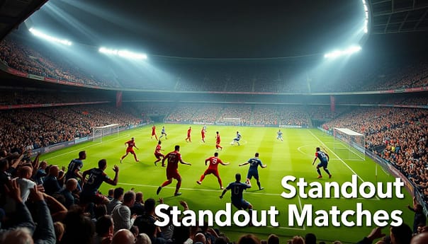 A sprawling stadium filled with roaring fans, the floodlights casting a warm glow over the lush green pitch. In the foreground, two teams clash in an intense Premier League match, their jerseys a blur of motion as they battle for possession. Midfielders weave intricate passing patterns, while strikers launch powerful shots towards the goal, the crowd erupting in euphoric cheers. In the background, the stadium's towering stands rise up, showcasing the grand scale and history of this beloved league. The scene captures the electric atmosphere and high-stakes drama that define the Premier League's most legendary clashes, a perfect visual representation of the "Standout Matches" that have cemented its status as the world's premier football competition. A sprawling stadium filled with roaring fans, the floodlights casting a warm glow over the lush green pitch. In the foreground, two teams clash in an intense Premier League match, their jerseys a blur of motion as they battle for possession. Midfielders weave intricate passing patterns, while strikers launch powerful shots towards the goal, the crowd erupting in euphoric cheers. In the background, the stadium's towering stands rise up, showcasing the grand scale and history of this beloved league. The scene captures the electric atmosphere and high-stakes drama that define the Premier League's most legendary clashes, a perfect visual representation of the "Standout Matches" that have cemented its status as the world's premier football competition.
