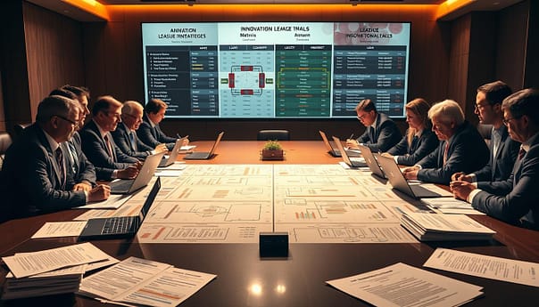 A strategic boardroom table, surrounded by league officials in formal attire, studying detailed diagrams and charts. Warm, focused lighting casts shadows, conveying a sense of serious deliberation. The table surface is crowded with laptops, tablets, and stacks of papers - visual representations of the innovation strategies being compared. In the background, a large, high-resolution display shows competing league formats, their key features and metrics side-by-side. An atmosphere of thoughtful analysis and intense collaboration permeates the scene, as the league managers seek to chart the best path forward for their organizations. A strategic boardroom table, surrounded by league officials in formal attire, studying detailed diagrams and charts. Warm, focused lighting casts shadows, conveying a sense of serious deliberation. The table surface is crowded with laptops, tablets, and stacks of papers - visual representations of the innovation strategies being compared. In the background, a large, high-resolution display shows competing league formats, their key features and metrics side-by-side. An atmosphere of thoughtful analysis and intense collaboration permeates the scene, as the league managers seek to chart the best path forward for their organizations.