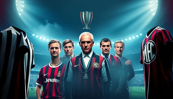 A stylized comparison of the iconic Serie A dynasties of Juventus, AC Milan, and Inter Milan. In the foreground, three emblematic jerseys of the clubs flank the frame, their colors and crests casting a bold, dimensional presence. In the middle ground, portraits of legendary managers and star players - from Trapattoni to Maldini, Mourinho to Ronaldo - gaze intensely, symbolizing the tenacity and competitive spirit that defined their eras. The background fades into a dreamlike montage of iconic match moments, trophies hoisted, and packed stadiums, all bathed in a dramatic chiaroscuro lighting that evokes the high drama and rich history of Italian football.