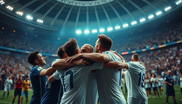 A tense, triumphant scene at the UEFA European Championship final. In the foreground, two underdog teams embrace in celebration, their victorious expressions conveying the shock of their unexpected triumph. The middle ground features a hushed crowd, their faces a mix of disbelief and exhilaration, as they witness this historic upset. The background evokes the grand, iconic stadium, its sweeping architecture and vibrant lighting creating a sense of scale and importance. The overall mood is one of electrifying surprise, with the victors' joy and the spectators' awe converging in a moment of unforgettable, against-all-odds triumph.