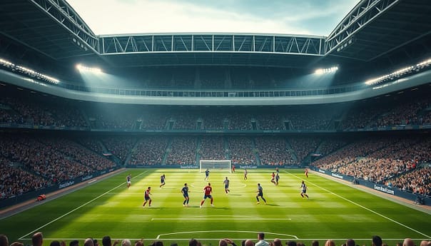 A vast, ornate football stadium with a sleek, modern design stands tall, its grand arched entrances inviting fans to a prestigious European cup competition. On the pitch, players in distinctive club uniforms compete with intensity, their movements captured in a dynamic, cinematic perspective. The audience in the terraced stands cheers passionately, their fervent energy palpable. Overhead, a dramatic lighting setup casts dramatic shadows, heightening the sense of drama and grandeur. The scene conveys the prestige and excitement of a continental cup tournament, reflecting the spirit of the "Cup Winners' Cup & Conference League" section. A vast, ornate football stadium with a sleek, modern design stands tall, its grand arched entrances inviting fans to a prestigious European cup competition. On the pitch, players in distinctive club uniforms compete with intensity, their movements captured in a dynamic, cinematic perspective. The audience in the terraced stands cheers passionately, their fervent energy palpable. Overhead, a dramatic lighting setup casts dramatic shadows, heightening the sense of drama and grandeur. The scene conveys the prestige and excitement of a continental cup tournament, reflecting the spirit of the "Cup Winners' Cup & Conference League" section.