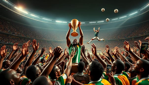 A vibrant, cinematic image depicting the most iconic moments from the illustrious history of the Africa Cup of Nations football tournament. In the foreground, a crowd of passionate fans erupt in celebration, faces painted in their national colors, hands raised in triumph. In the middle ground, a triumphant player hoists the gleaming trophy aloft, surrounded by a sea of jubilant teammates. The background is a kaleidoscope of action, with players deftly maneuvering the ball, diving headers, and hard-fought tackles, all set against the backdrop of a packed, thunderous stadium. The lighting is dramatic, with shafts of light cutting through the haze, creating a sense of intensity and drama. The overall mood is one of unbridled joy, national pride, and the sheer exhilaration of the beautiful game.