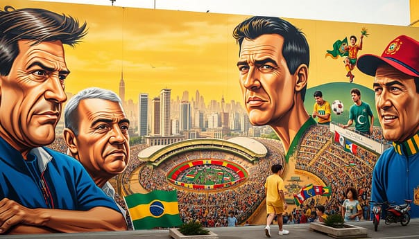 A vibrant, politically-charged mural depicts the legacy of the Copa América, South America's premier football tournament. The foreground features larger-than-life caricatures of iconic players and coaches, their expressions capturing the intense rivalries and passions that define the tournament. In the middle ground, a collage of national flags and symbolic imagery represents the cultural diversity and national pride that fuel the competition. The background showcases a cityscape, with towering stadiums and bustling crowds, hinting at the tournament's grand scale and its deep-rooted impact on the social and political fabric of the region. The scene is bathed in a warm, golden light, conveying a sense of historic significance and enduring relevance. A vibrant, politically-charged mural depicts the legacy of the Copa América, South America's premier football tournament. The foreground features larger-than-life caricatures of iconic players and coaches, their expressions capturing the intense rivalries and passions that define the tournament. In the middle ground, a collage of national flags and symbolic imagery represents the cultural diversity and national pride that fuel the competition. The background showcases a cityscape, with towering stadiums and bustling crowds, hinting at the tournament's grand scale and its deep-rooted impact on the social and political fabric of the region. The scene is bathed in a warm, golden light, conveying a sense of historic significance and enduring relevance.