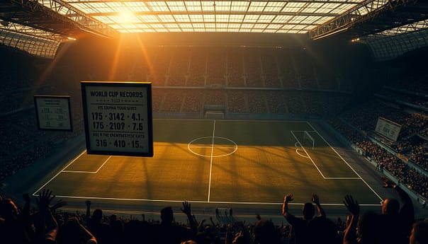 Dramatic overhead shot of a meticulously detailed soccer stadium, dimly lit with a moody ambiance. The pitch is bathed in golden hour sunlight, highlighting the worn turf and pristine white lines. In the foreground, a series of framed world cup records and statistics float ethereally, showcasing the game's most iconic moments and legendary feats. Surrounding them, faint silhouettes of cheering fans and players celebrate in the stands, their energy palpable. The scene evokes a sense of reverence and awe for the storied history of the beautiful game. Dramatic overhead shot of a meticulously detailed soccer stadium, dimly lit with a moody ambiance. The pitch is bathed in golden hour sunlight, highlighting the worn turf and pristine white lines. In the foreground, a series of framed world cup records and statistics float ethereally, showcasing the game's most iconic moments and legendary feats. Surrounding them, faint silhouettes of cheering fans and players celebrate in the stands, their energy palpable. The scene evokes a sense of reverence and awe for the storied history of the beautiful game.