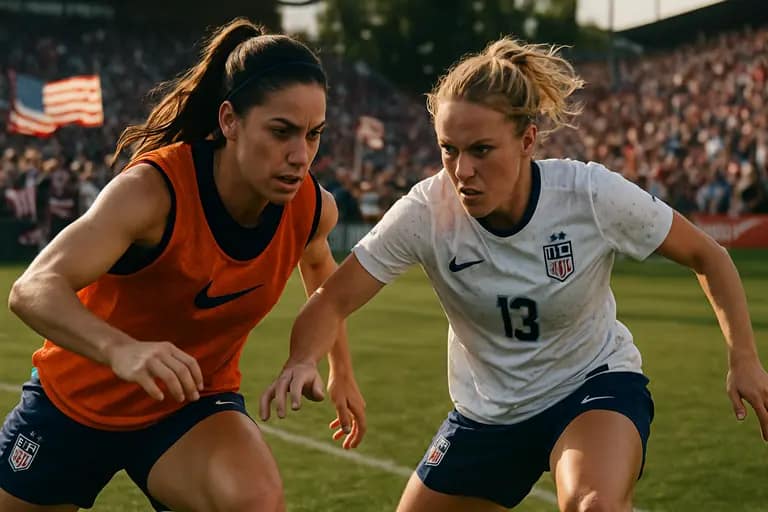 Midfielders pressing and passing during a women’s international soccer match